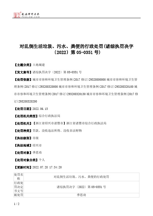 对乱倒生活垃圾、污水、粪便的行政处罚(诸综执罚决字〔2022〕第05-0351号)