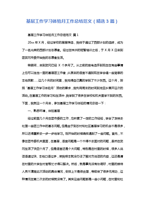 基层工作学习体验月工作总结范文(精选3篇)