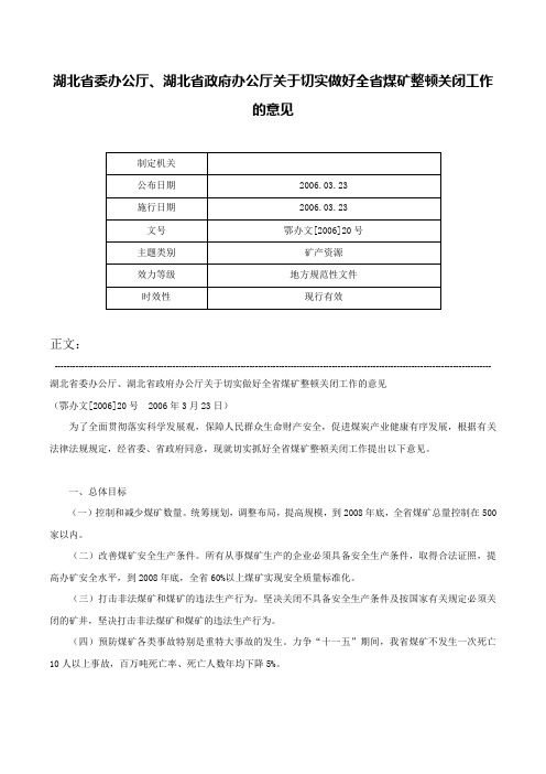 湖北省委办公厅、湖北省政府办公厅关于切实做好全省煤矿整顿关闭工作的意见-鄂办文[2006]20号