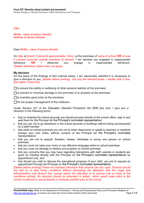 Form 337 - Template direction about conduct or movement