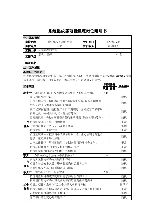 系统集成部专项项目经理岗位专项说明书