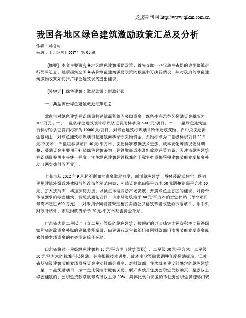 我国各地区绿色建筑激励政策汇总及分析