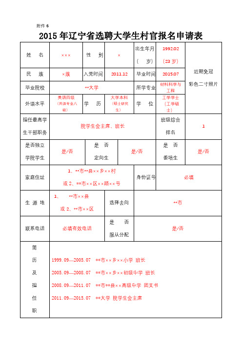 2015年辽宁省选聘大学生村官报名申请表【模板】