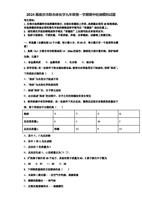 2024届南京市联合体化学九年级第一学期期中检测模拟试题含答案解析