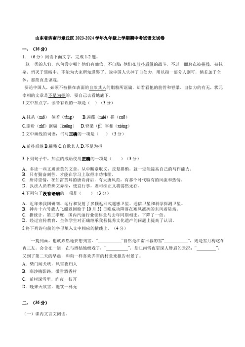 山东省济南市章丘区2023-2024学年九年级上学期期中考试语文试卷(含答案)