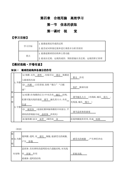 冀少版七年级下册生物导学案专题4.1.1 视觉