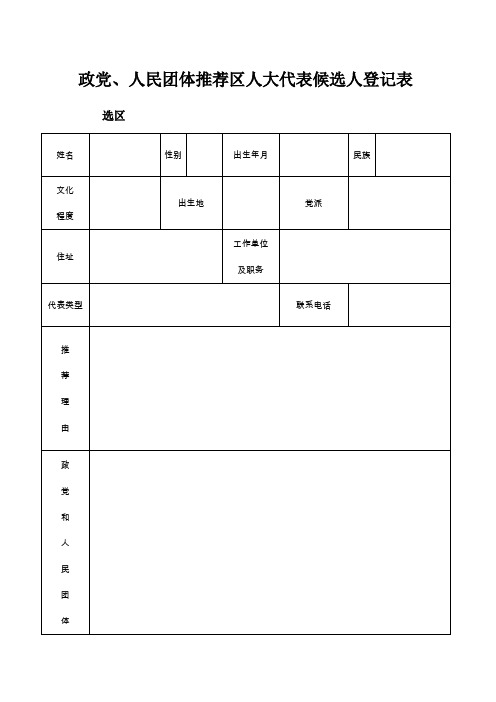 政党人民团体推荐区人大代表候选人登记表