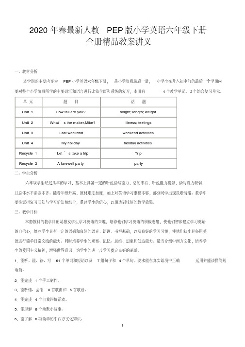 2020年春最新人教PEP版小学英语六年级下册全册精品教案讲义