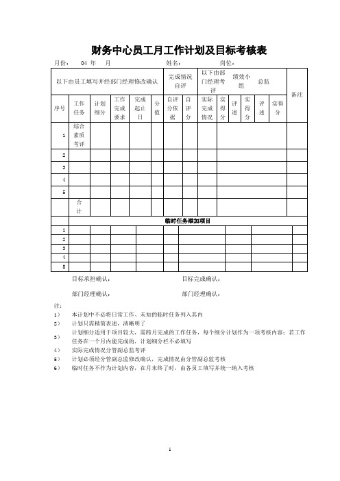 财务中心员工月工作计划及目标考核表