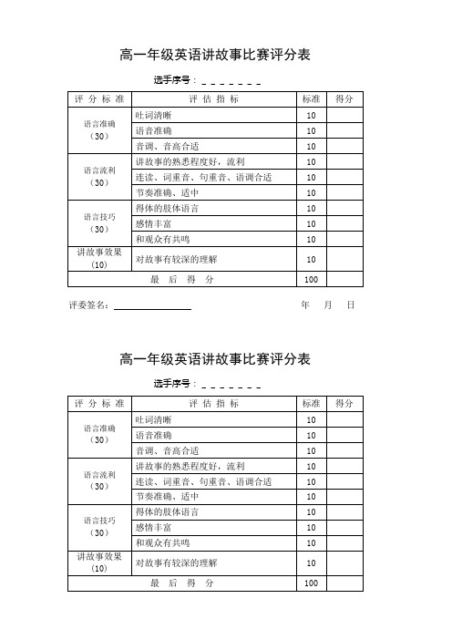 英语讲故事,比赛,评分表