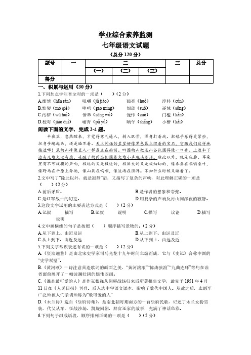 山东省枣庄市薛城区2022-2023学年七年级下学期期中语文试题(含答案)