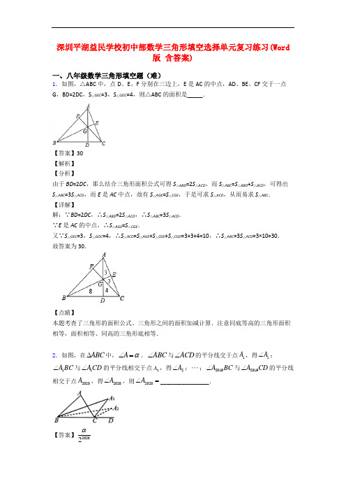 深圳平湖益民学校初中部数学三角形填空选择单元复习练习(Word版 含答案)