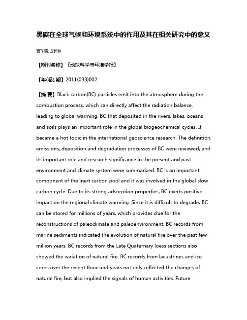 黑碳在全球气候和环境系统中的作用及其在相关研究中的意义