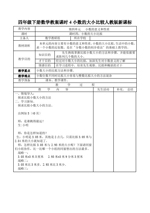 四年级下册数学教案课时4小数的大小比较人教版新课标