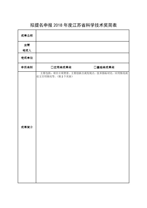 拟提名申报2018年度江苏省科学技术奖简表