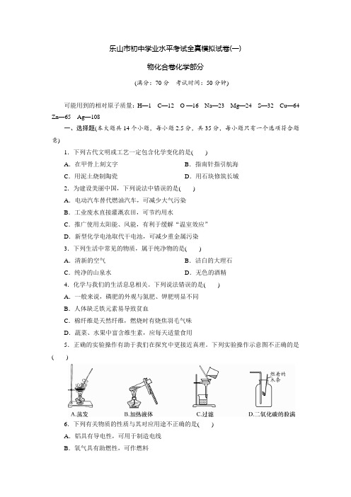 四川省乐山市初中学业水平暨高中阶段学校招生统一考试化学全真模拟试题一(含答案)