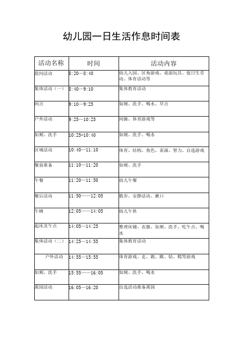 幼儿园一日生活作息时间表