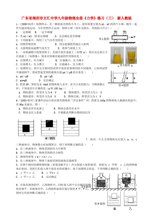 广东省深圳市文汇中学九年级物理全册《力学》练习(三)(无答案) 新人教版