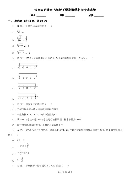 云南省昭通市七年级下学期数学期末考试试卷