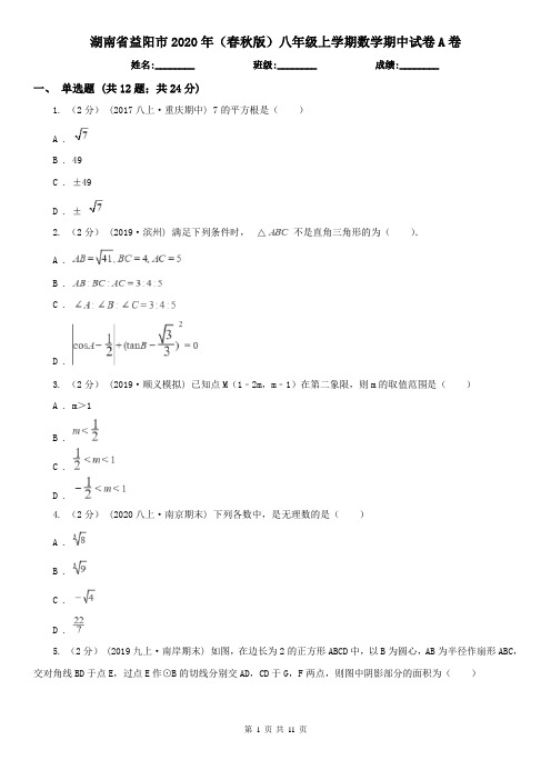 湖南省益阳市2020年(春秋版)八年级上学期数学期中试卷A卷