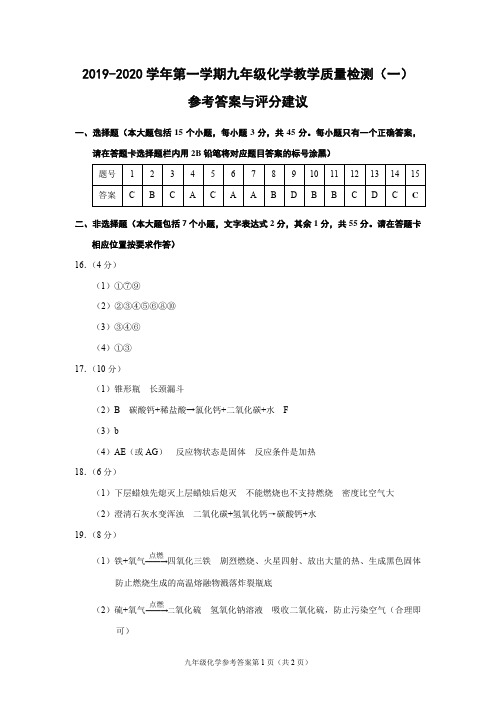 (贵州遵义)2019-2020学年第一学期九年级化学教学质量检测(一)(沪教版)参考答案及评分建议