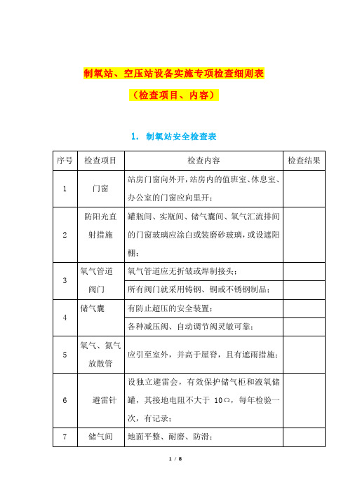 制氧站、空压站设备实施专项检查细则表(检查项目、内容)