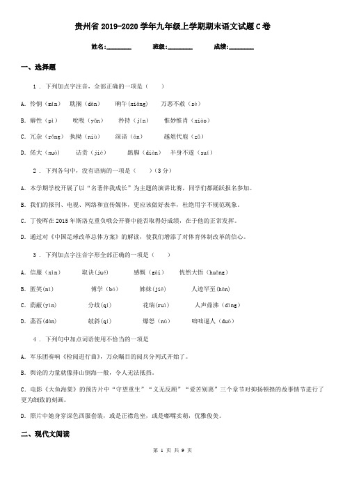 贵州省2019-2020学年九年级上学期期末语文试题C卷