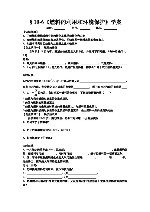 北师大版物理九年级第十章 燃料的利用和环境保护 学案