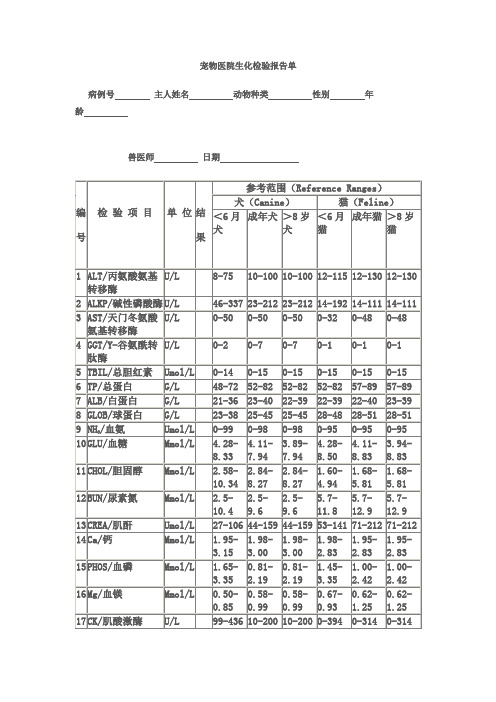 宠物医院生化检验报告单