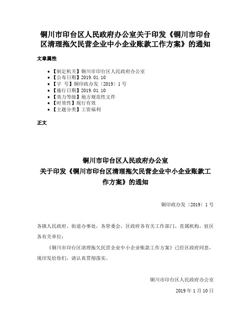 铜川市印台区人民政府办公室关于印发《铜川市印台区清理拖欠民营企业中小企业账款工作方案》的通知