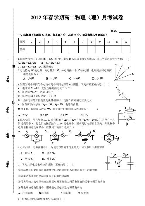 2012年春学期高二物理(理)月考试卷