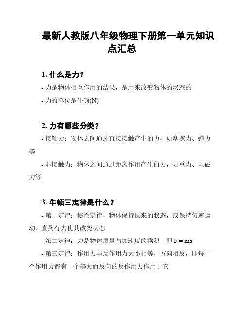 最新人教版八年级物理下册第一单元知识点汇总