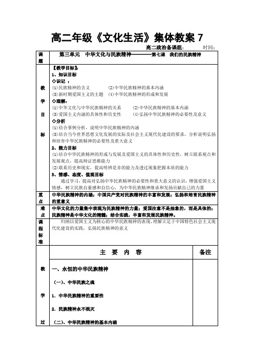 高二政治《文化生活》集体教案7第七课我们的民族精神.doc