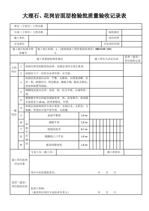 大理石、花岗岩面层检验批质量验收记录表