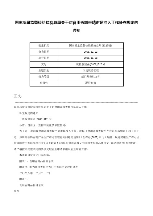 国家质量监督检验检疫总局关于对食用香料香精市场准入工作补充规定的通知-质检食监函[2008]317号