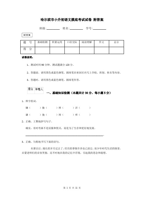 哈尔滨市小升初语文摸底考试试卷 附答案