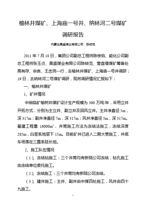 榆林井煤矿、上海庙一号井调研报告