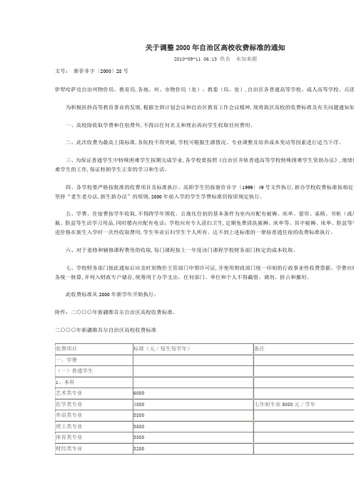 关于调整2000年自治区高校收费标准的通知