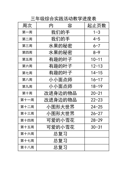 三年级综合实践活动教学进度表