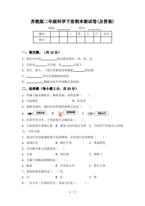 苏教版二年级科学下册期末测试卷(及答案)