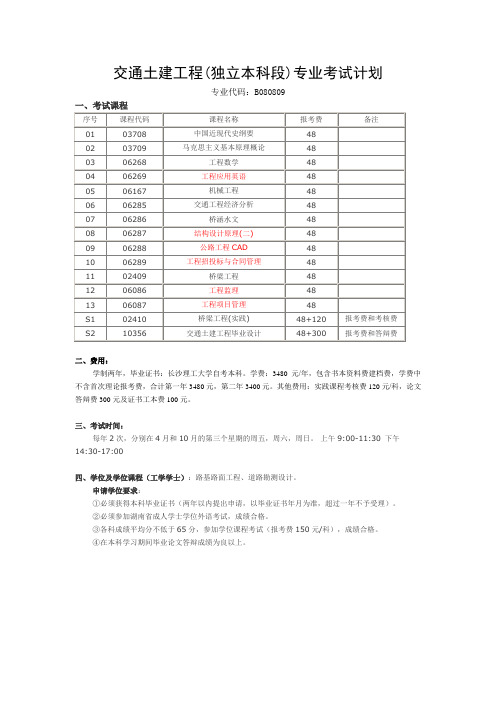 交通土建工程(独立本科段)专业考试计划