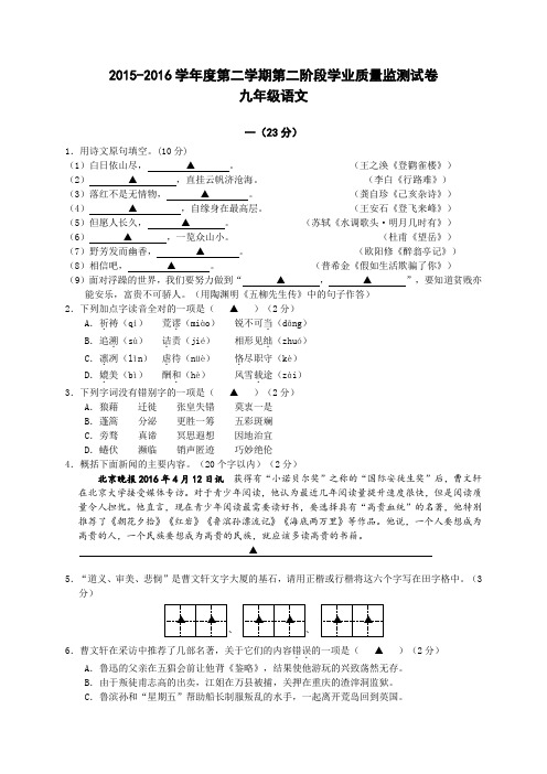 江苏省南京市秦淮区2016届九年级5月学业质量监测(二模)语文试题