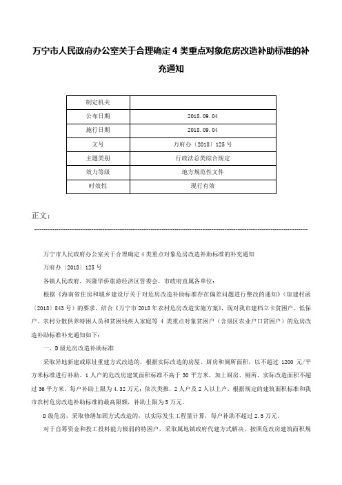 万宁市人民政府办公室关于合理确定4类重点对象危房改造补助标准的补充通知-万府办〔2018〕125号