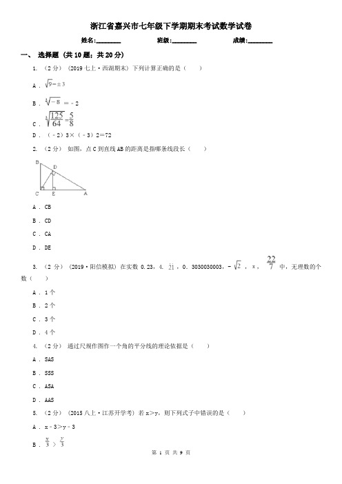 浙江省嘉兴市七年级下学期期末考试数学试卷