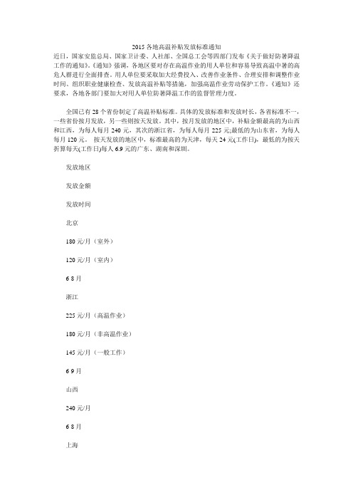 2015各地高温补贴发放标准通知