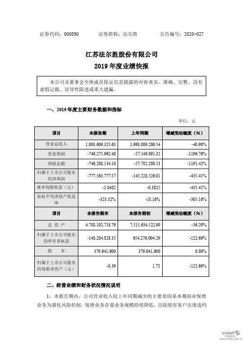 法尔胜:2019年度业绩快报