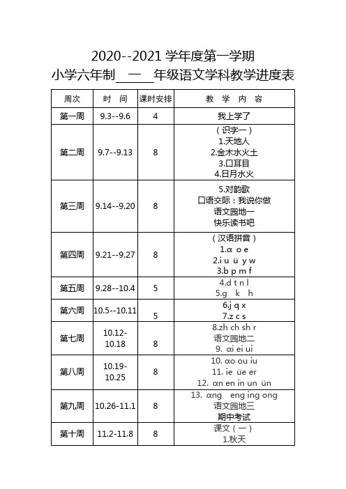 一年级语文教学进度表