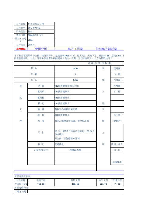 海南省框架结构办公楼造价成本概算实例