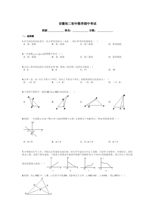 安徽初二初中数学期中考试带答案解析
