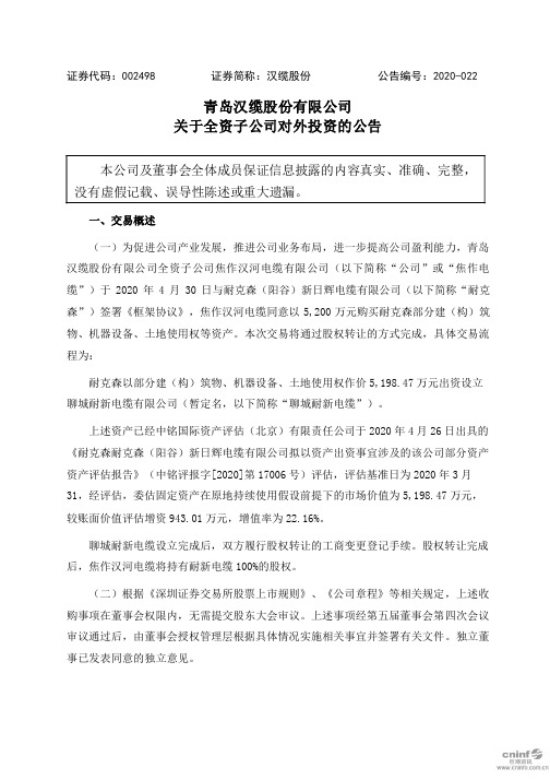 汉缆股份：关于全资子公司对外投资的公告